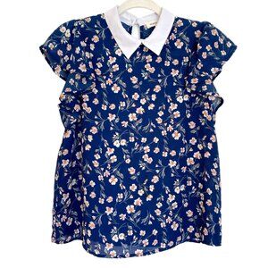 Monteau Blue Floral Blouse with White Collar